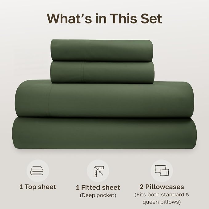 California Design Den 100% Organic Cotton Full Sheets, 4 Pcs, Olive Green | GOTS Certified, Lightweight Crisp & Airy Percale For Hot Sleepers, 15" Deep Pocket Set, All-around Elastic, Easy Care