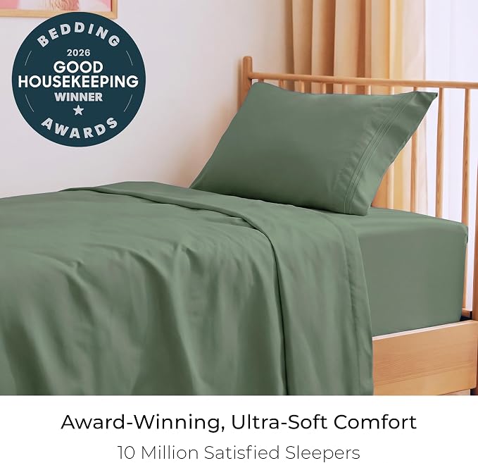 Mellanni Iconic 3-Piece, Ultra Soft Sheet Set (Twin, Sage) | 10M+ Sleepers. Lab-tested: Sleeps Cool, Stays Bright, Strong, Smooth. Good Housekeeping Best Bedding, 7 yrs running.