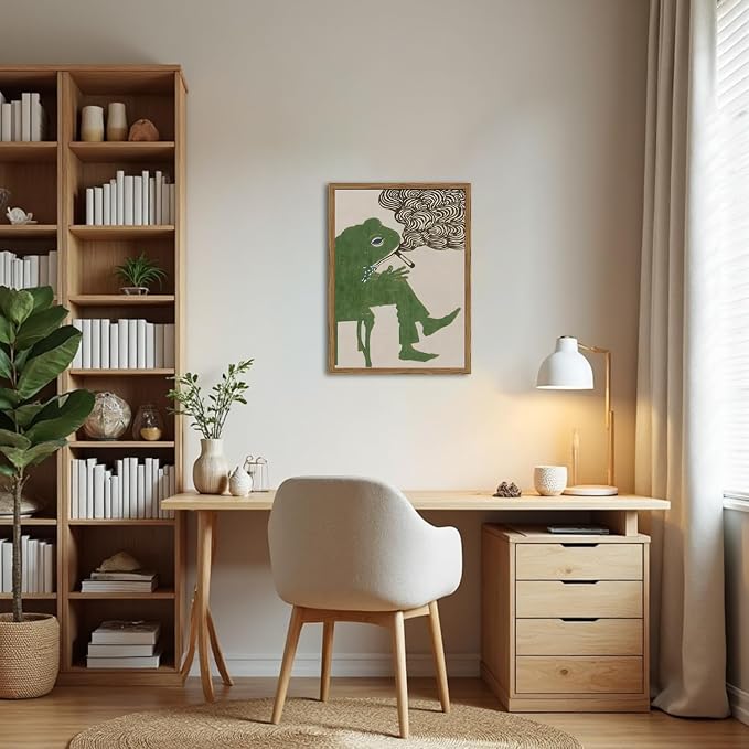 Funny Frog Smoking Wall Art Whimsical Green Frog Wall Decor Painting Cute Animal Bar Cart Poster Canvas Prints for Bedroom Living Room 16x24 inch Wood Framed