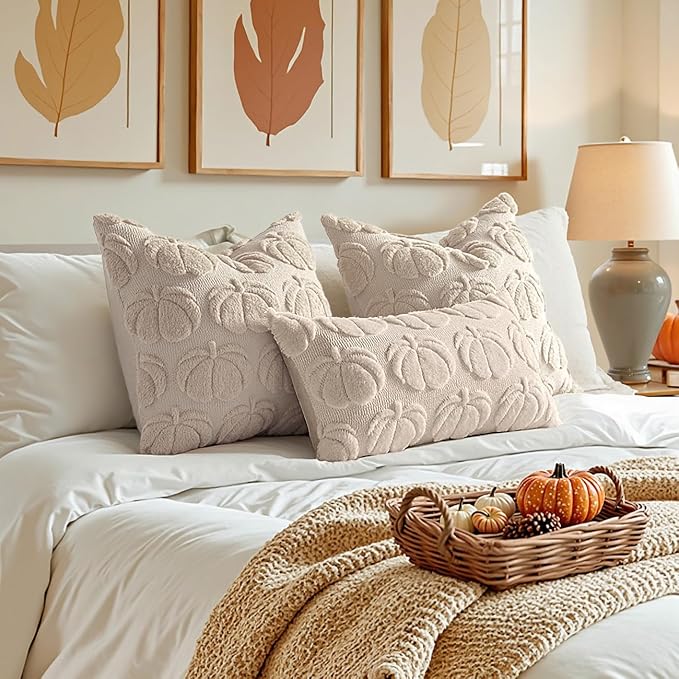 MIULEE Fall Pillow Covers Pumpkin Fall Decor Lumbar 12x20 Beige | Set of 2 Fall Decorations for Home, Plush Faux Fur Farmhouse Accent Pillowcases, Porch Sofa Couch Cushion Bed Livingroom