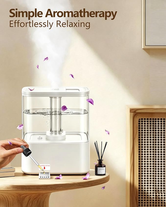KZF 4L Top Fill Humidifiers for Bedroom & 40H Runtime - Cool Mist Humidifier, 3 Mist Levels, 8H Timer, Essential Oil Tray, Humidity Display, Quiet for Baby, Plants, Large Room (White, 4L)