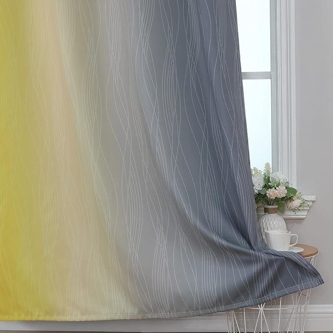 Grey and Yellow Ombre Blackout Curtains for Living Room 42Wx72L Inch Length | Estelar Textiler Room Darkening Gradient Curtains for Bedroom,Thermal Insulated,Light Blocking Grommet Window Drapes,2 Panels