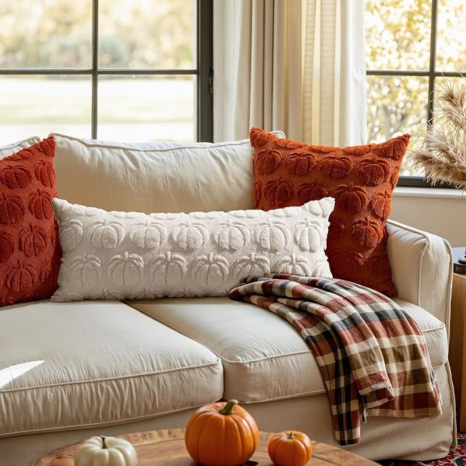 MIULEE Fall Pillow Cover Pumpkin Fall Decor Lumbar 14x36 Beige | Set of 2 Fall Decorations for Home, Plush Faux Fur Farmhouse Accent Pillowcase, Porch Sofa Couch Cushion Bed Livingroom