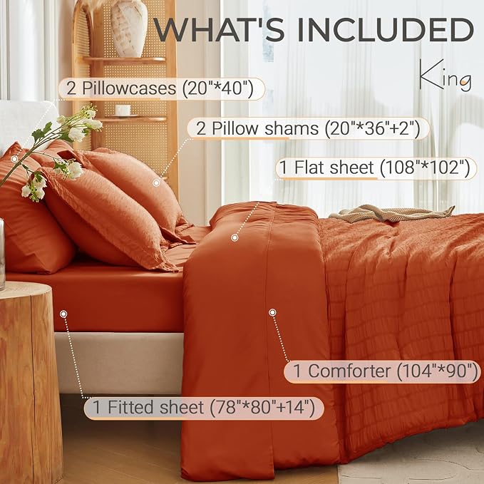 7 Pieces King Comforter Set, Seersucker Bed in a Bag King Size, All Season Luxury Bedding Set with Comforter, Flat Sheet, Fitted Sheet, Pillowcases & Shams, Burnt Orange