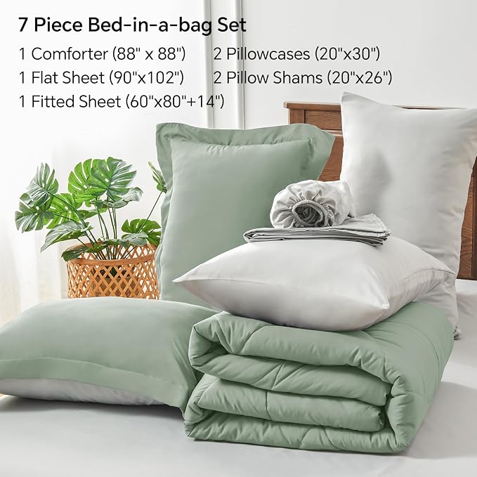 BEDELITE Queen Comforter Set 7 Pieces, Reversible Sage Green Bed in A Bag | Soft All Season Down-Alternative Comforter, Sheets, Pillowcases & Shams, OEKO-TEX Certified Bedding for Bedrrom, Guest Room