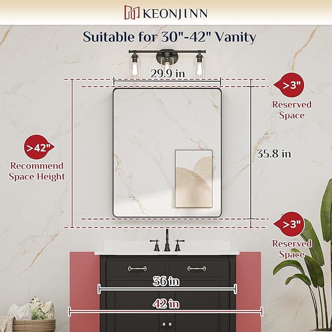 Keonjinn 30 x 36 Inch Brushed Gold Bathroom Vanity Mirror, Aluminum Frame | HD Tempered Glass, Brass Bathroom Mirrors for over Sink, Anti-Rust Aluminum Frame, Rounded Rectangle, French Cleat Mount