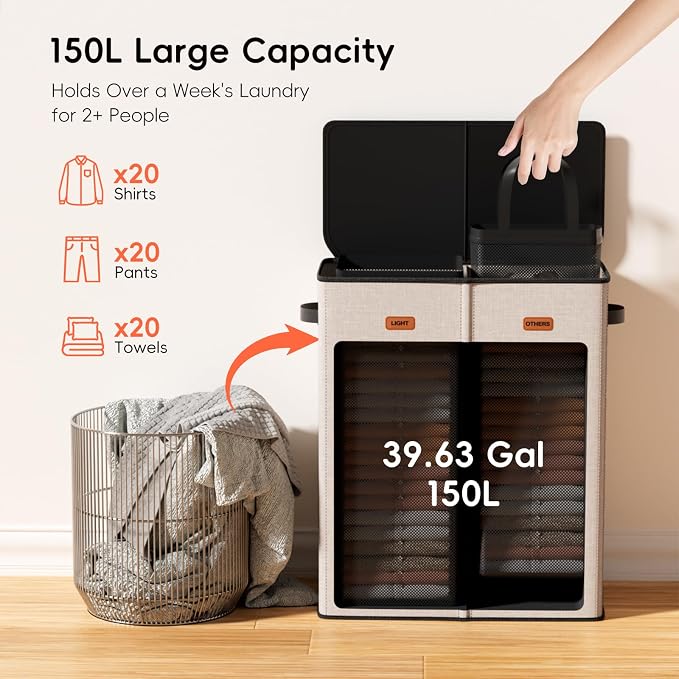 150L Double Laundry Hamper With Lid, Large Clothes Hampers with Removable Bag, Laundry Hamper 2 Section for Bathroom, Bedroom, Laundry Room, Dorm