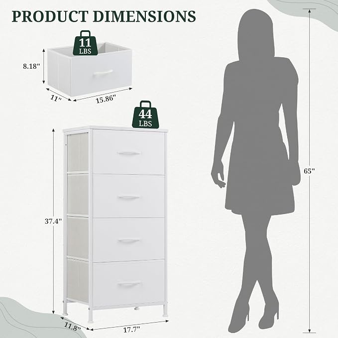 4 Drawers Dresser for Bedroom Fabric Storage Tower with Wooden Top | Steel Frame Tall Chest of Drawers for Closet, Entryway, Dorm, White