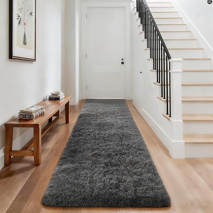 Ophanie Runner Rug for Hallway, 3x8 Washable Non-Slip Fluffy Soft Bedside Rugs, Bedroom Living Room Shaggy Carpet for Kids Girls Boys Dorm Nursery Decor Aesthetic, Grey with Over 99 pcs Pile fibers