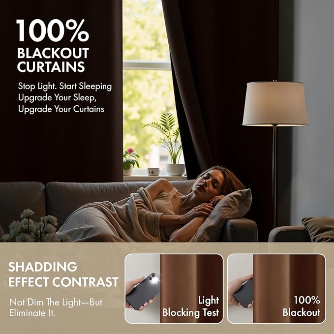 MIULEE Mocha Brown 100% Blackout Curtains for Bedroom 90 Inch Long | 2 Thick Layers Thermal Insulated Window Curtains with Black Liner, Noise Reducing Grommet, Drapes for Living Room, 2 Panels