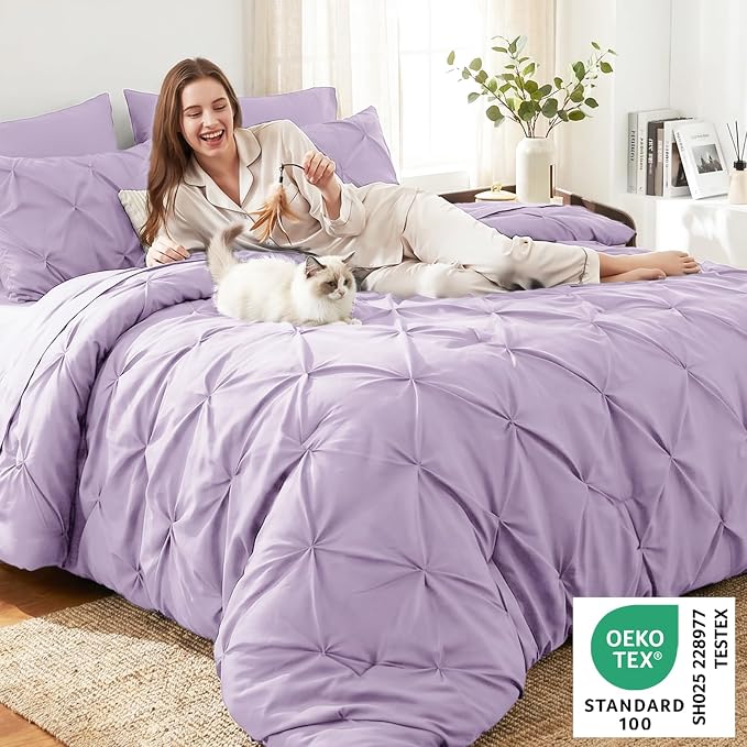 Queen Comforter Set Lavender, 7 Pieces Pintuck Bed in a Bag | OEKO-TEX 100 Certified, 240GSM All Season, Bedroom, Guest Room, Down-Alternative Comforter, Sheets, Pillowcases & Shams