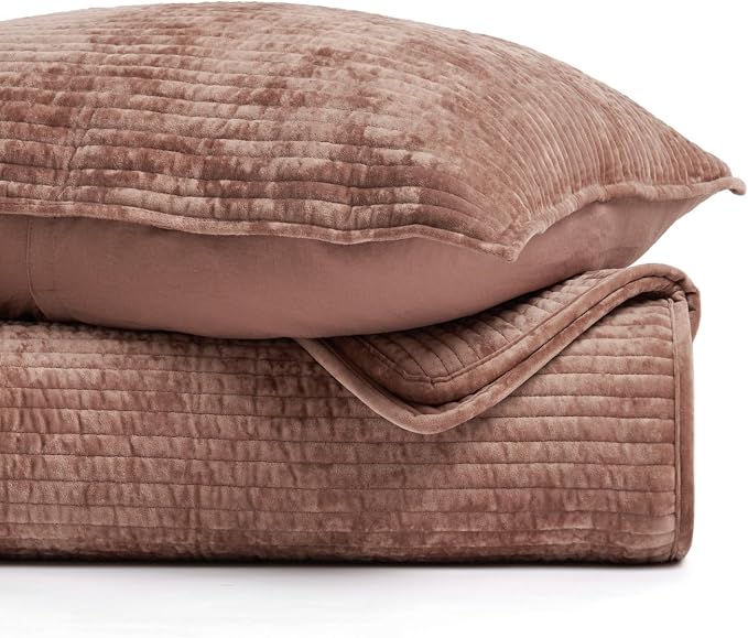 EverGrace Striped Channel Velvet Quilt Set, Queen Size, Terracotta Clay | Luxurious Soft Lightweight Velvet Comforter, Oversized Bedspread Coverlet, Quilted Bedding Set for All Season, with 2 Shams