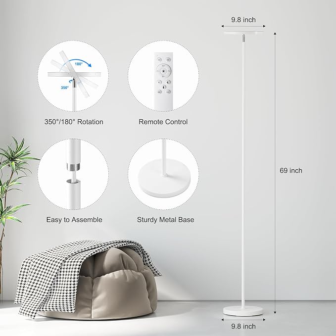 SUNMORY Floor Lamps for Living Room，LED Standing Lamp with Remote Control | 32W/3000LM Super Bright, 69" Tall Floor Lamp with Stepless Dimmable, Modern Torchiere Corner Lamp for Bedroom, Office White
