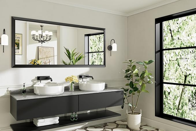 Black Metal Framed Bathroom Wall Mirror, 72x32 Inch | Anti-rust, HD tempered glass, for bathroom vanity, bedroom, living room, horizontal or vertical mount