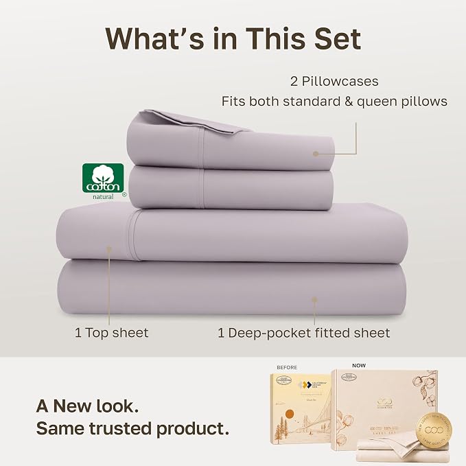 California Design Den Soft 100% Cotton Sateen Queen Size Bedsheets Set | 400 Thread Count Backed by Good Housekeeping Seal, 16" Deep Pocket, All-Around Elastic, Easy Care - Dusky Lavender Grey