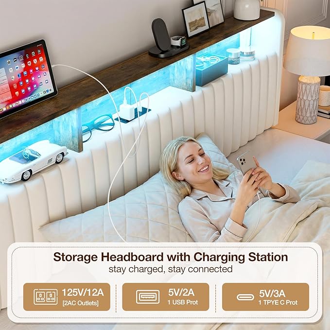 IKIFLY California King Storage Headboard Only, Adjustable Height, White | Velvet Upholstered Cal King Head Board with LED Lights & Charging Station, Easy Assembly, Modern Freestanding Headboard