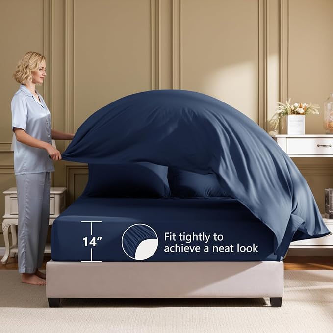 HIMEET Queen Comforter Set, 7-Piece Point-Quilted Bed in a Bag Navy Blue | OEKO-TEX Certified, Lightweight 240 GSM Comforter, Flat Sheet, 14-Inch Deep-Pocket Fitted Sheet, Pillowcases & Shams