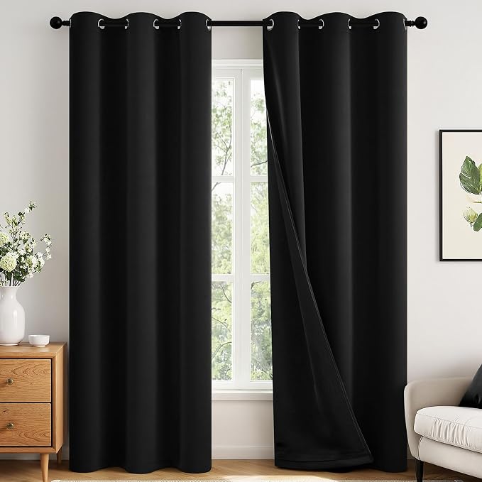 MIULEE Black 100% Blackout Curtains for Bedroom 40x84 Inch Long | 2 Thick Layers Thermal Insulated Window Curtains with Black Liner, Noise Reducing Grommet, Drapes for Living Room, 2 Panels