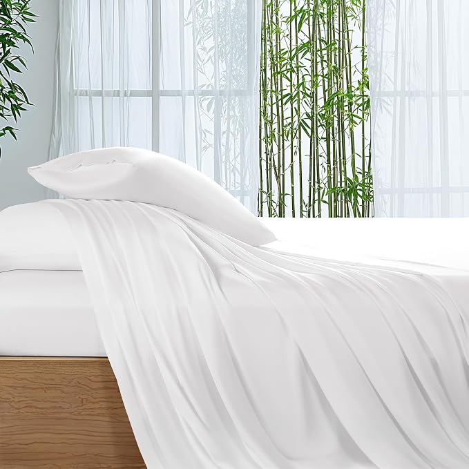 SONORO KATE 100% Viscose Derived from Bamboo_Sheets Cal King Size,4PC | Cooling Bed Sheets for Hot Sleepers,Soft Breathable & Silky,16" Deep Pocket,Luxury Hotel Bedding,White