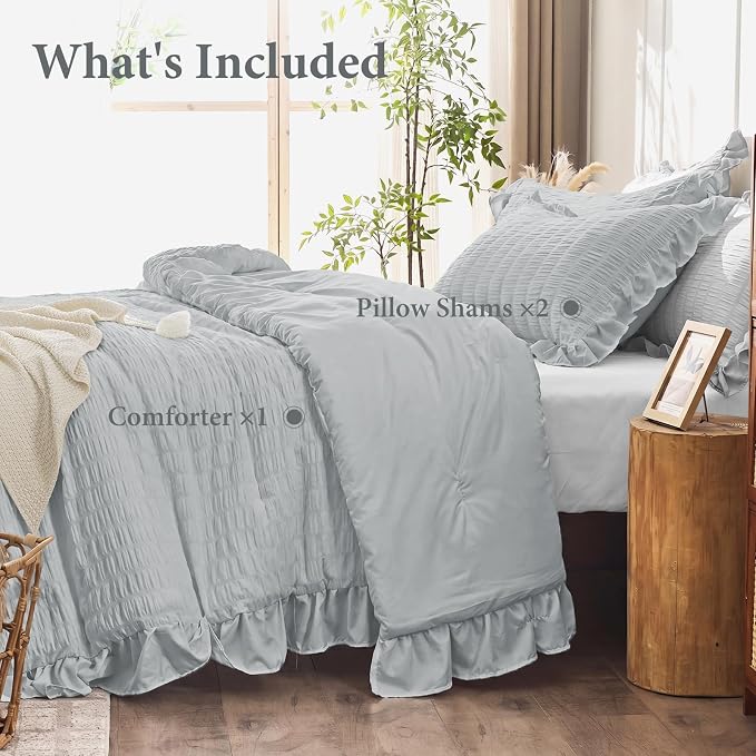JOLLYVOGUE Light Grey Queen Comforter Set, 3 Pieces Seersucker Comforters Queen Size, Lightweight & Fluffy Bedding Sets Queen for All Season with 1 Ruffle Comforter and 2 Ruffle Pillowshams