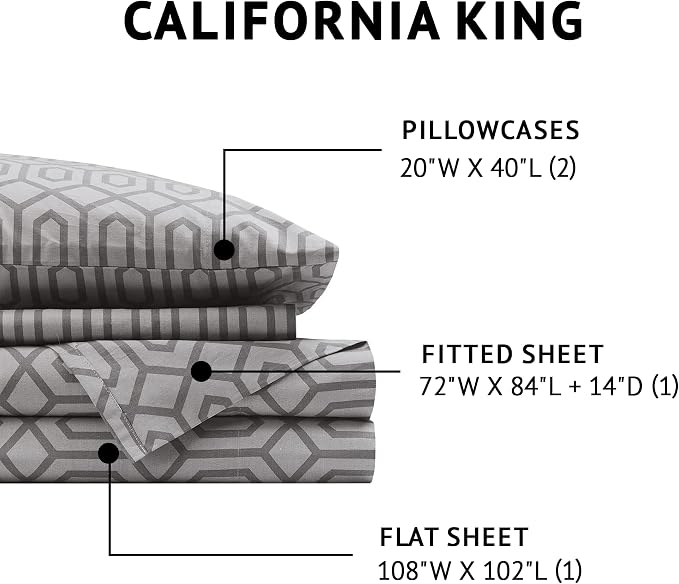 Comfort Spaces 100% Cotton Percale Sheet Set Cal King 4 Pcs, Diamond Sliver | Crisp, Cool & Breathable Bed Sheets, 14" Deep Pocket Fits Up to 16" Mattress, Lightweight, All Season Cozy, with Pillow Case