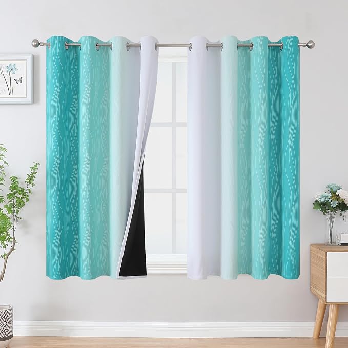 Teal and Grayish White Ombre Blackout Curtains for Living Room 45 Inch Long | Estelar Textiler Room Darkening Curtains for Bedroom,Thermal Insulated,Light Blocking Grommet Window Drapes,52Wx45L,2 Panels