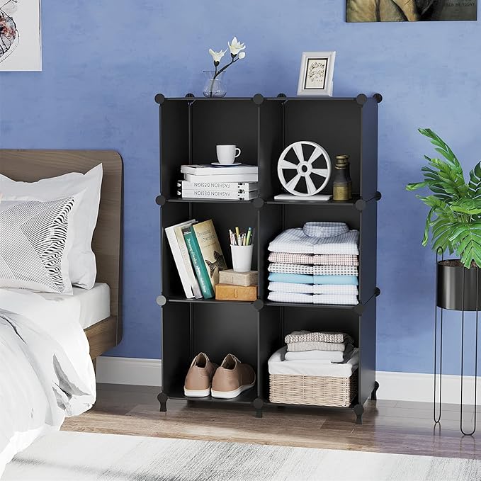 AWTATOS Closet Organizers and Storage, 6 Cube Storage Organizer, Black | Portable Closet Storage Shelves, DIY Stackable Storage Cube Book Shelf, Plastic Clothes Organizer Shelving for Bedroom, Home