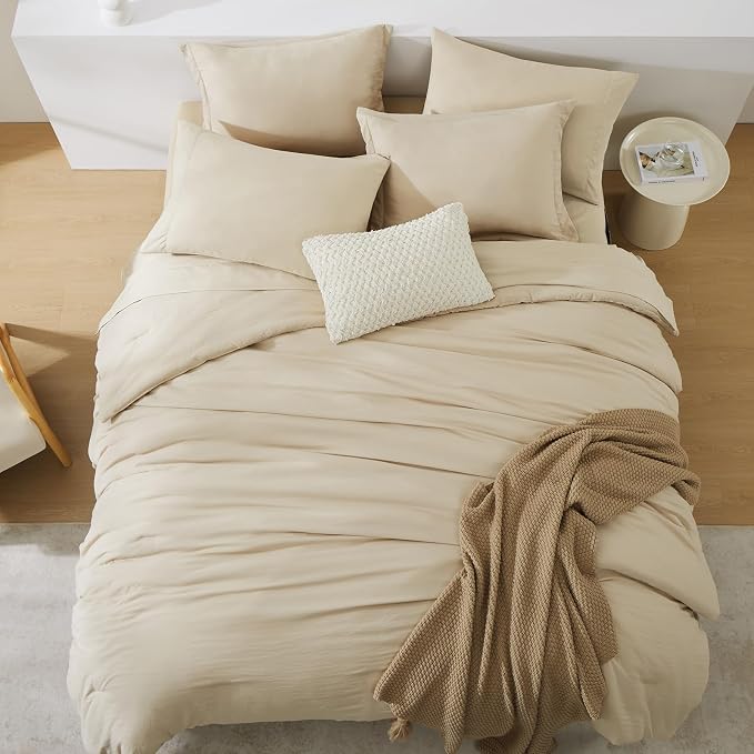 Full Size Comforter Sets-7 Pieces Ultra Soft Bed in a Bag Full Bedding Sets | Prewashed All Season Comforter with Sheets, Pillow Shams & Pillowcases,Beige