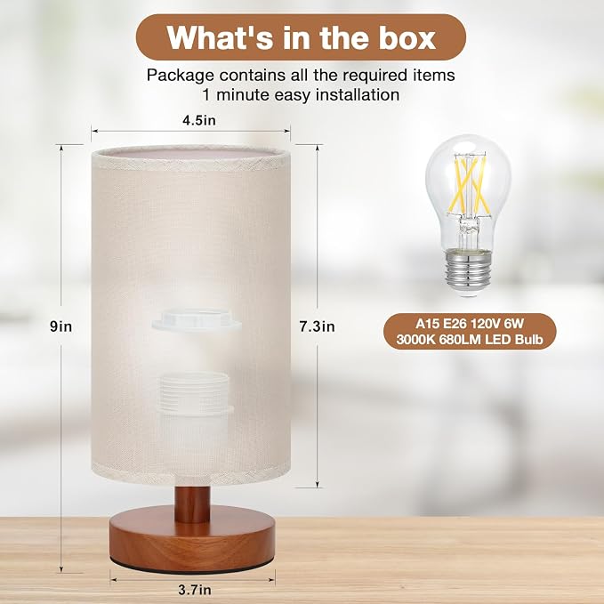 Small Table Lamps (Beige Shade - Walnut Base, 9" Inline Control) | 3000K LED Blub Included | 680 Lumens | Easy Assembly | Minimalist Design | E26 | for Kitchen | for Kids Room