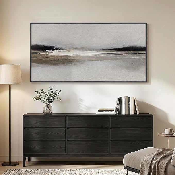 Large Framed Black and White Abstract Wall Art for Living Room, 30x60 In | Horizontal landscape pictures, Oversized canvas prints, Modern neutral artwork for walls, Wall decor for bedroom dining room