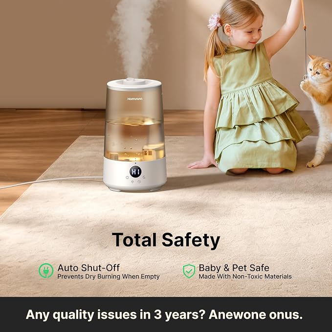 Homvana 3.6L Top-Fill Cool Mist Humidifiers for Bedroom, Large Room(Grey) | 23dB Quiet, Easy-to-Clean 2-in-1 Baby Humidifier & Oil Diffuser for Congestion Relief, Last for 4 Night (Grey)
