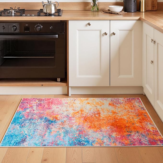 Rugflix 3x5 Entrance Rugs, Washable Colorful Rainbow Entry Small Rug | Machine Washable; Stain-Resistant; Low Pile; Non-Slip; Modern Abstract; Carpet for Entryway Kitchen Hallway Home