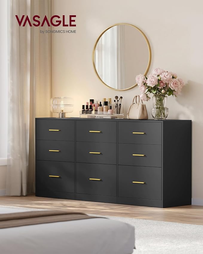 VASAGLE 9-Drawer Dresser, Chest of Drawers, 63.1 x 15.8 x 30.7 Inches | Bedroom chest of drawers, Ink Black, Custos Collection, ULTS419BC01S