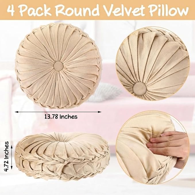 Kathfly 4 Pcs Round Throw Pillows Velvet,Beige, Khaki, Gray, Dark Gray | Pleated Pumpkin Design, Soft Velvet Fabric for Bed Sofa Chair, 14 Inch Diameter Floor Cushion, Elegant Home Decor Accent