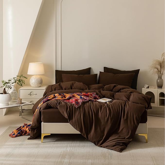 BDEAR 3Pcs Cocoa Brown Pinstriped Duvet Cover Set King Size 104''Wx90''L | Light Weight Design, 1 Duvet Cover with 2 Pillowcases, Zipper Closure, OEKO TEX Standard,8 Corner Ties, Skin Friendly