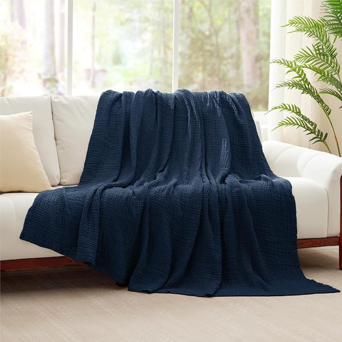 100% Cotton Muslin Blanket 50" x 60", Breathable and Lightweight Cotton Throw Blankets for Couch, Soft Cooling Summer Gauze Blanket for Adults All Season, Navy Blue