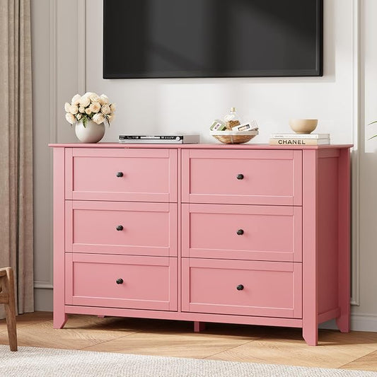 Garvee 6 Drawer Dresser for Bedroom, 47.2" Wide Modern Large Chest of Drawers with Metal Knobs, Wooden Clothes Storage Organizer for Closet, Nursery, Living Room, Apartment, Pink | Lacquered Finish, Metal Knobs, Clothes Storage Organizer for Closet, Nu...