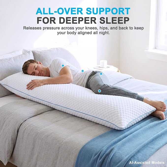 Shredded Memory Foam Long Body Pillows for Adults, 20 x 54 inches, 1-Pack | Adjustable Firm, Supportive, Breathable, Hypoallergenic, Odorless, Luxury, Cooling Gel pillows for Side Back Stomach Sleepers