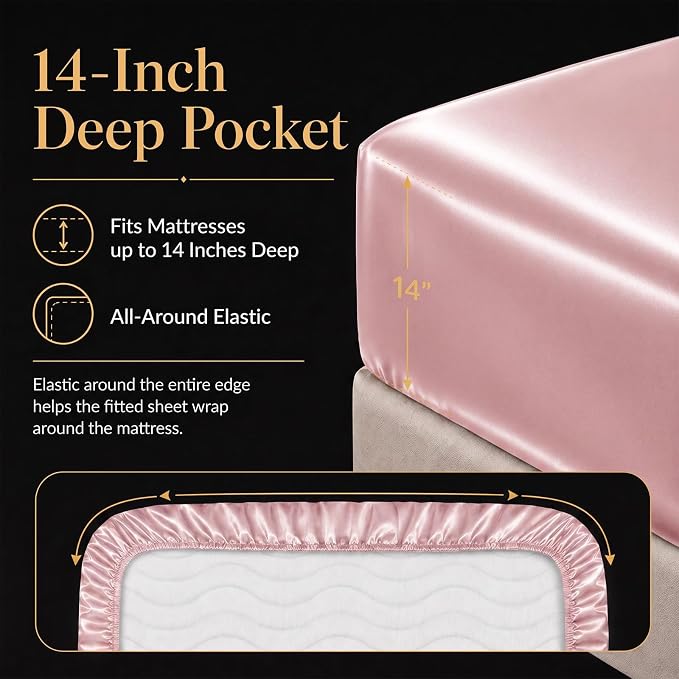 CozyLux Satin Sheets Queen, 4-Piece 14-Inch Deep Pocket Sheet Set | OEKO-TEX Certified Silky Soft Sheet Set for Hair & Skin, Luxurious Silky-Smooth Satin for Elegant Bedroom Decor, Dirty Pink