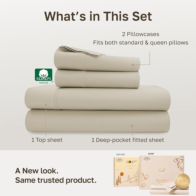 California Design Den Soft 100% Cotton Sateen Queen Bedsheets, 4 Pc Set | 400 Thread Count Backed by Good Housekeeping Seal, 16" Deep Pocket, All-Around Elastic, Durable, Easy Care - Beige