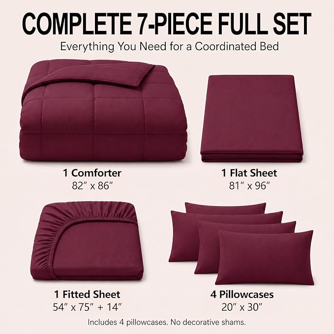 Full Size Comforter Sets Burgundy - 7 Pieces Bed in a Bag | OEKO-TEX Certified, All-Season, Bedroom, Guest Room, Down-Alternative Comforter + Flat & Fitted Sheets + 4 Pillowcases