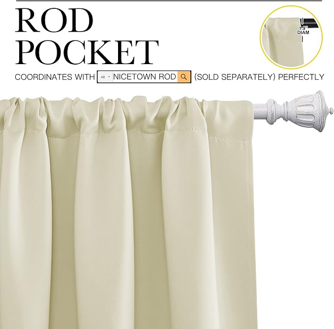 NICETOWN Blackout Curtains for Bedroom, Home Decorations Thermal Insulated Solid Rod Pocket Blackout Drapes for Cafe (Beige, One Pair, 42 x 45-inch)