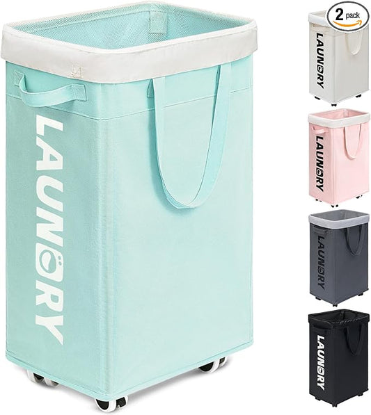 Goodpick 75L Rolling Laundry Basket with Removable Wash Bag for Living Room | Rolling Laundry Basket with Handles for Dirty Clothes, Fodable Hamper for Laundry Room, Dorm Room Essentials, Blue