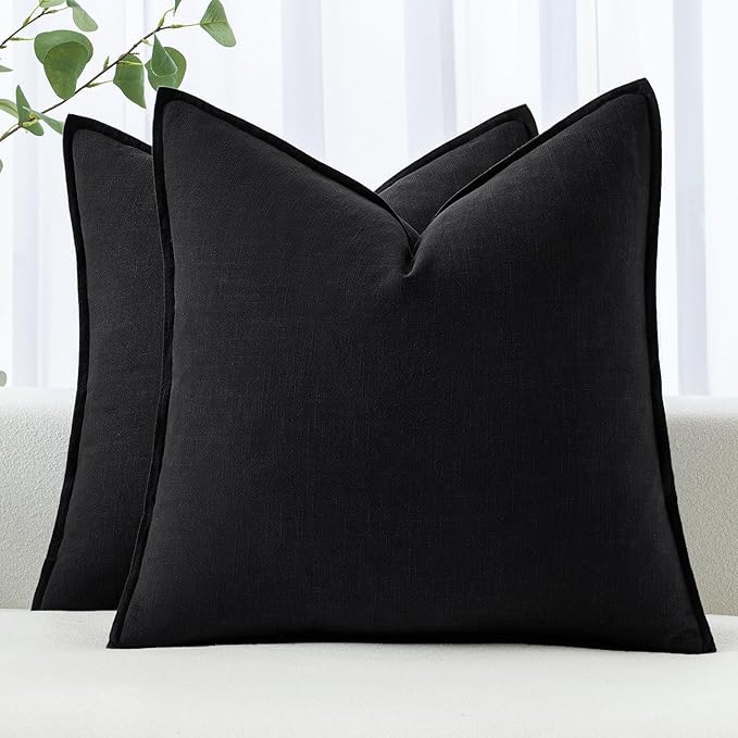 MIULEE Decorative Linen Pillow Covers 18x18 Inch Black | Boho Farmhouse Neutral Couch Throw Pillows for Bed, Pack of 2 Accent Modern Pillowcases, Sofa Livingroom Home Decor