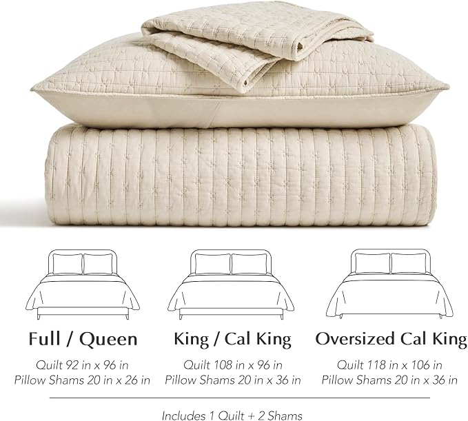100% Cotton Cross Stitch 3-Piece Quilt Set, 118"x106", Flax Beige | Cross Stitch Cotton Quilt, Pre-Washed Bedding Set, Oversized Lightweight Bedspread Coverlet, for All Season, with 2 Shams