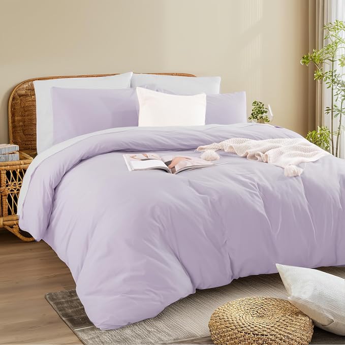 NEXHOME PRO Full Duvet Cover Set, 100% Washed Cotton with Linen-Like Texture, Natural Organic, Breathable & Comfortable, Includes Home Bedding Set Lilac (No Comforter) 80"x90"