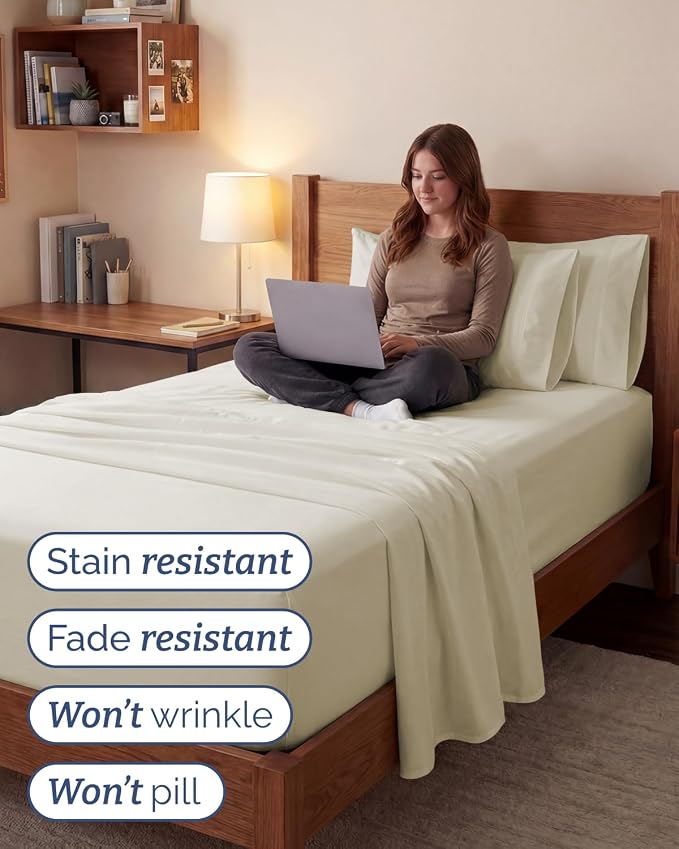 Extra Deep Twin XL Sheet Set - 4 Piece College Dorm Room - Off White | College Dorm Room Essentials, Easy & Secure Fit, Ultra-Soft, Wrinkle & Fade Free, Comfy Sheets Set with Extra Deep Pockets