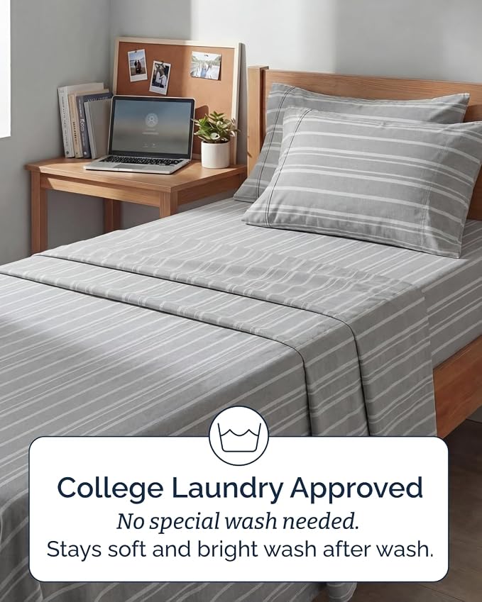Extra Deep Twin XL Sheet Set - 4 Piece College Dorm Room - Grey Stripes 3 | College Dorm Room Essentials, Easy & Secure Fit, Ultra-Soft, Wrinkle & Fade Free, Comfy Sheets Set with Extra Deep Pockets