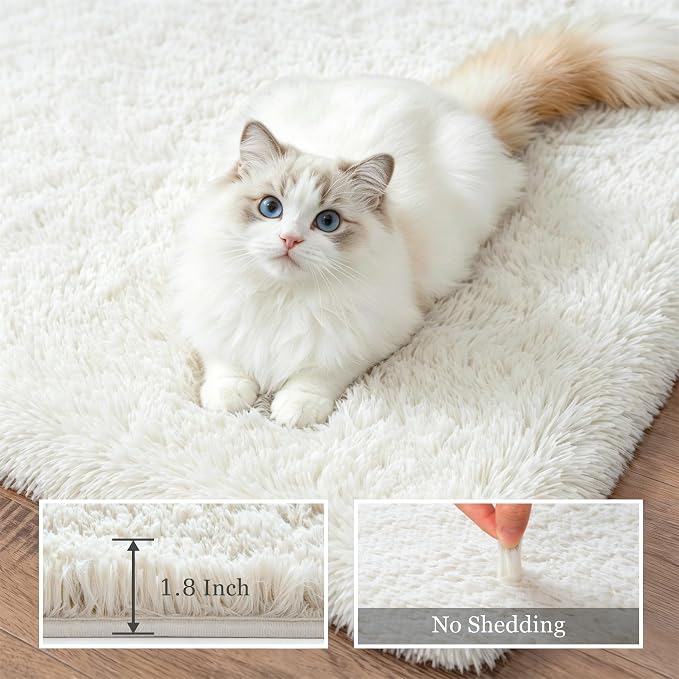 Area Rug Living Room Bedroom: 4x6 Fluffy Plush Shag Carpet Ivory | For Kids Room Playroom Nursery Home Decor,Ultra Soft,Non-Slip Non-Shedding,Fuzzy Plush,Large Indoor Floor Carpet,Easy Clean