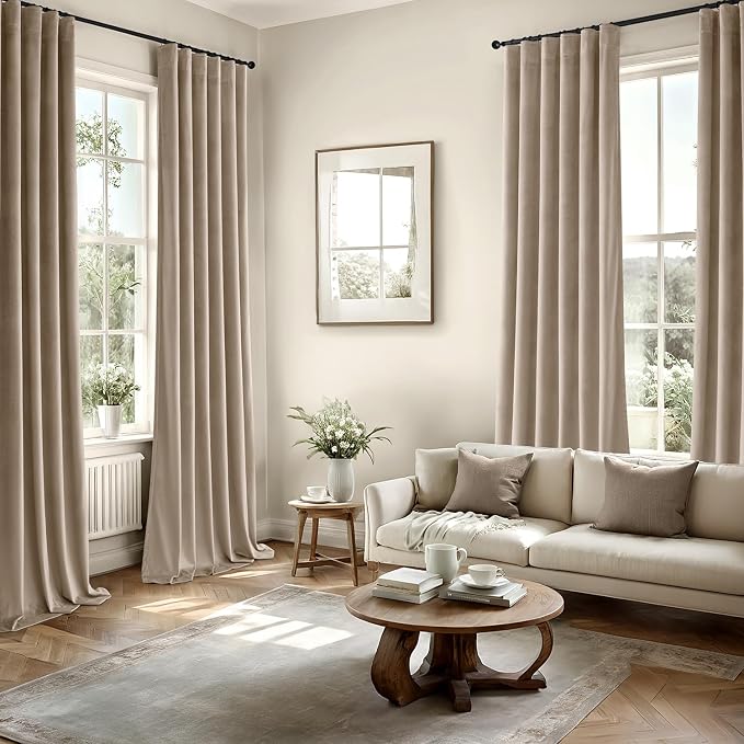 MIULEE Velvet Curtains 50W x 90L 2 Panels Camel Beige Blackout Curtains | Luxury velvet fabric, pinch pleat design, back tab hooks, thermal insulated, blackout light blocking, for living room bedroom